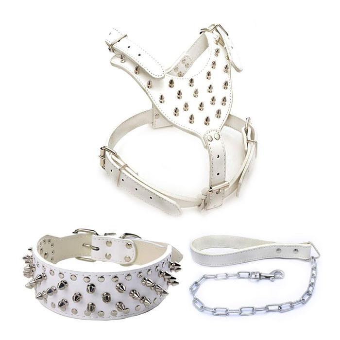 Pet Leash Collar Harness Three-piece Set Anti-bite Rivets (White, XS)