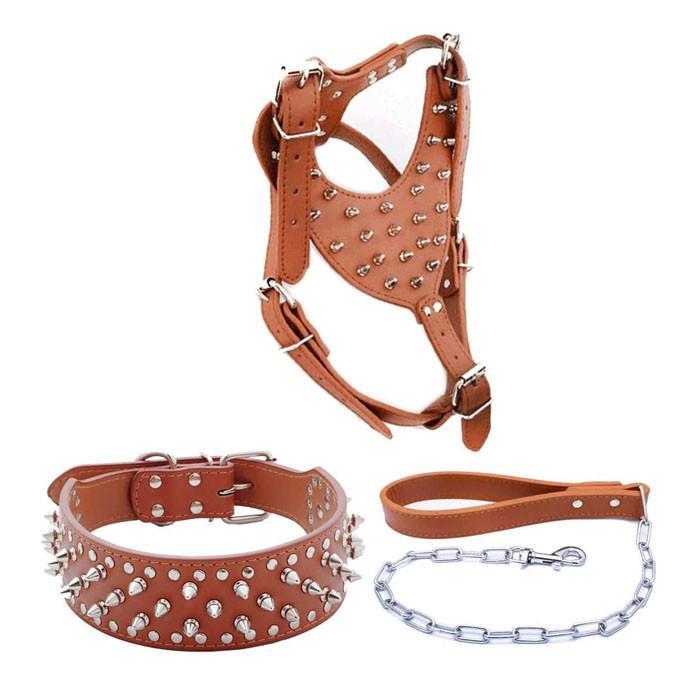 Pet Leash Collar Harness Three-piece Set Anti-bite Rivets (Brown, M)