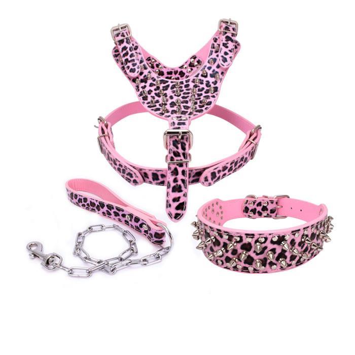 Pet Leash Collar Harness Three-piece Set Anti-bite Rivets (Pink Leopard, S)