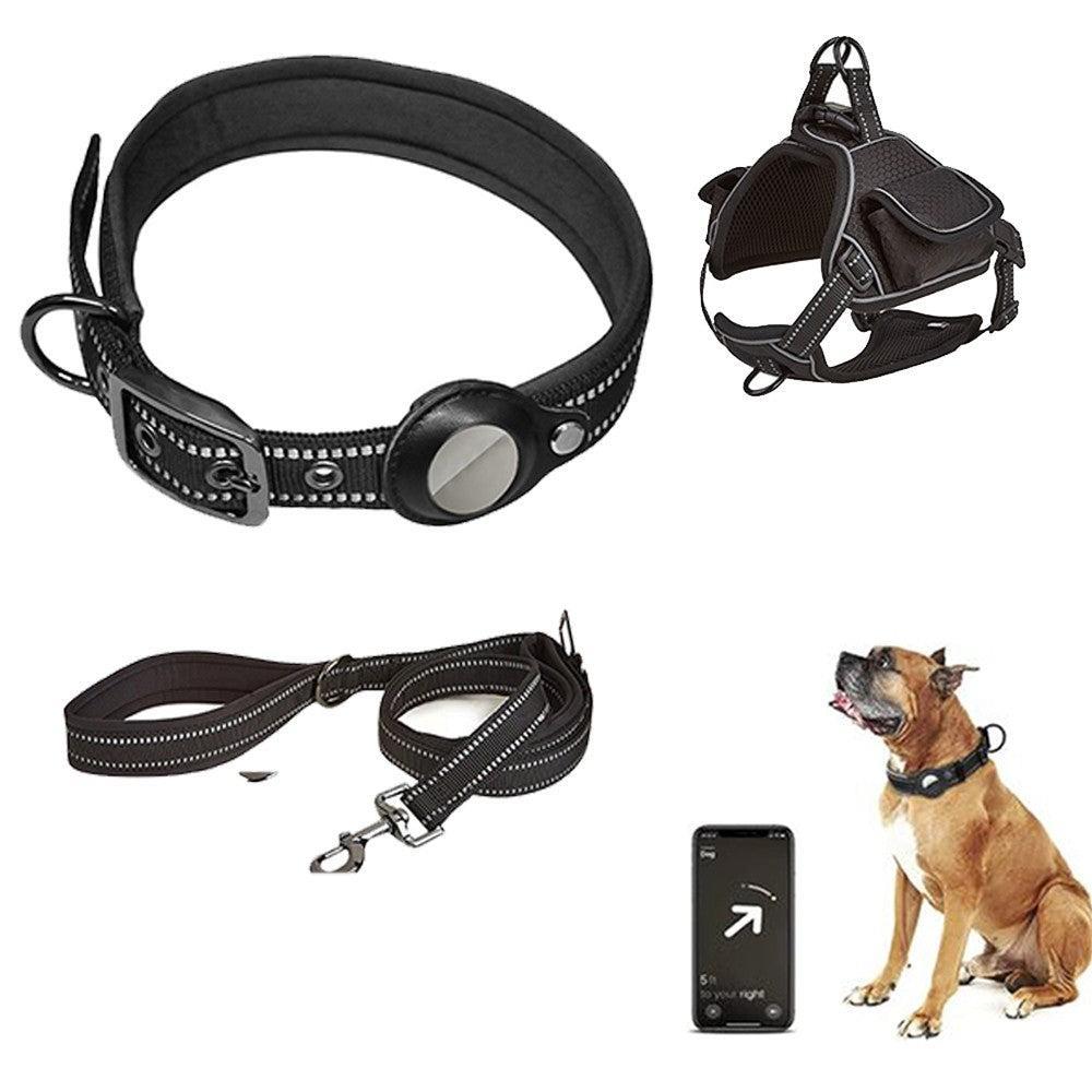 For Apple AirTag Pet Dog Collar Reflective Pet Harness Leash Collar AirTag Anti-lost-Black-XL