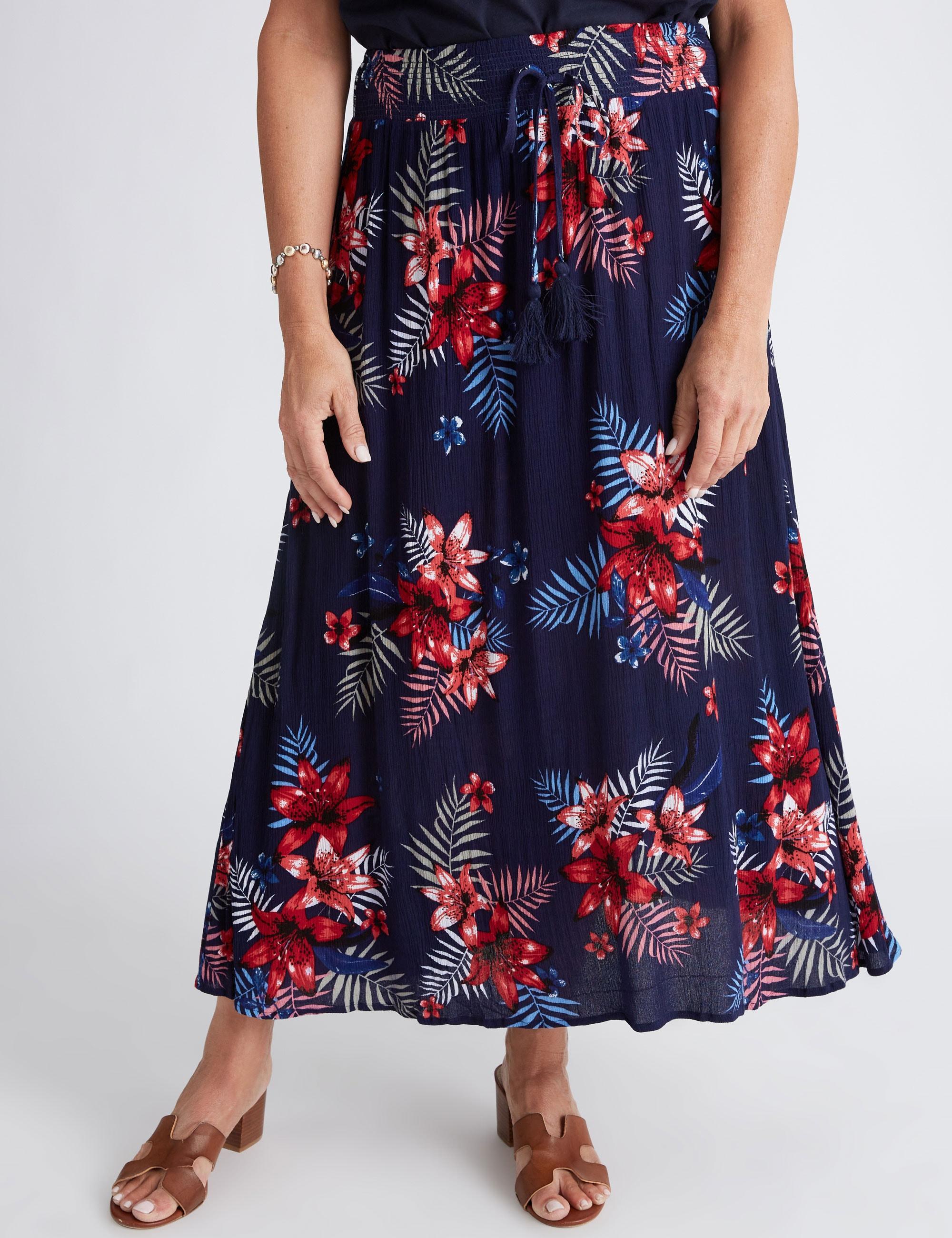 MILLERS - Womens Skirts - Maxi - Summer - Red - Floral - A Line - Work Clothes - Tropical - Relaxed Fit - Prined Crinkle - Long - Casual Fashion