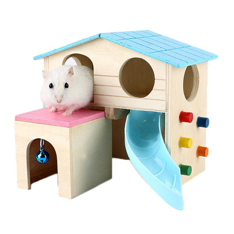 Small Animal Wooden Hideout Hamster House with Slide-Blue