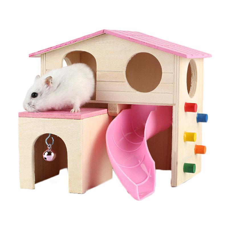 Small Animal Wooden Hideout Hamster House with Slide-Pink