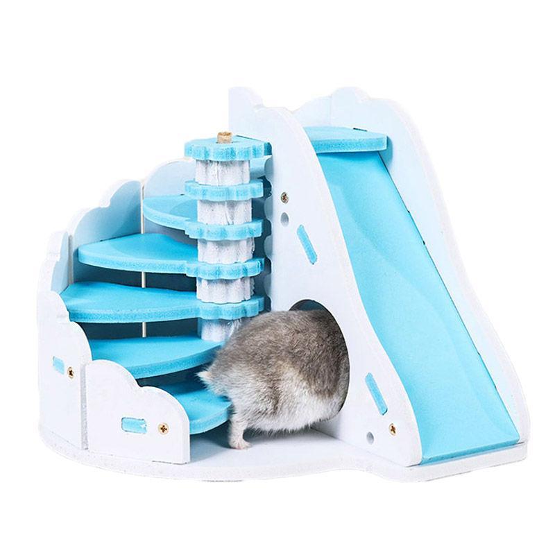 Hamster Hideout Wooden House with Climbing Slides-Blue