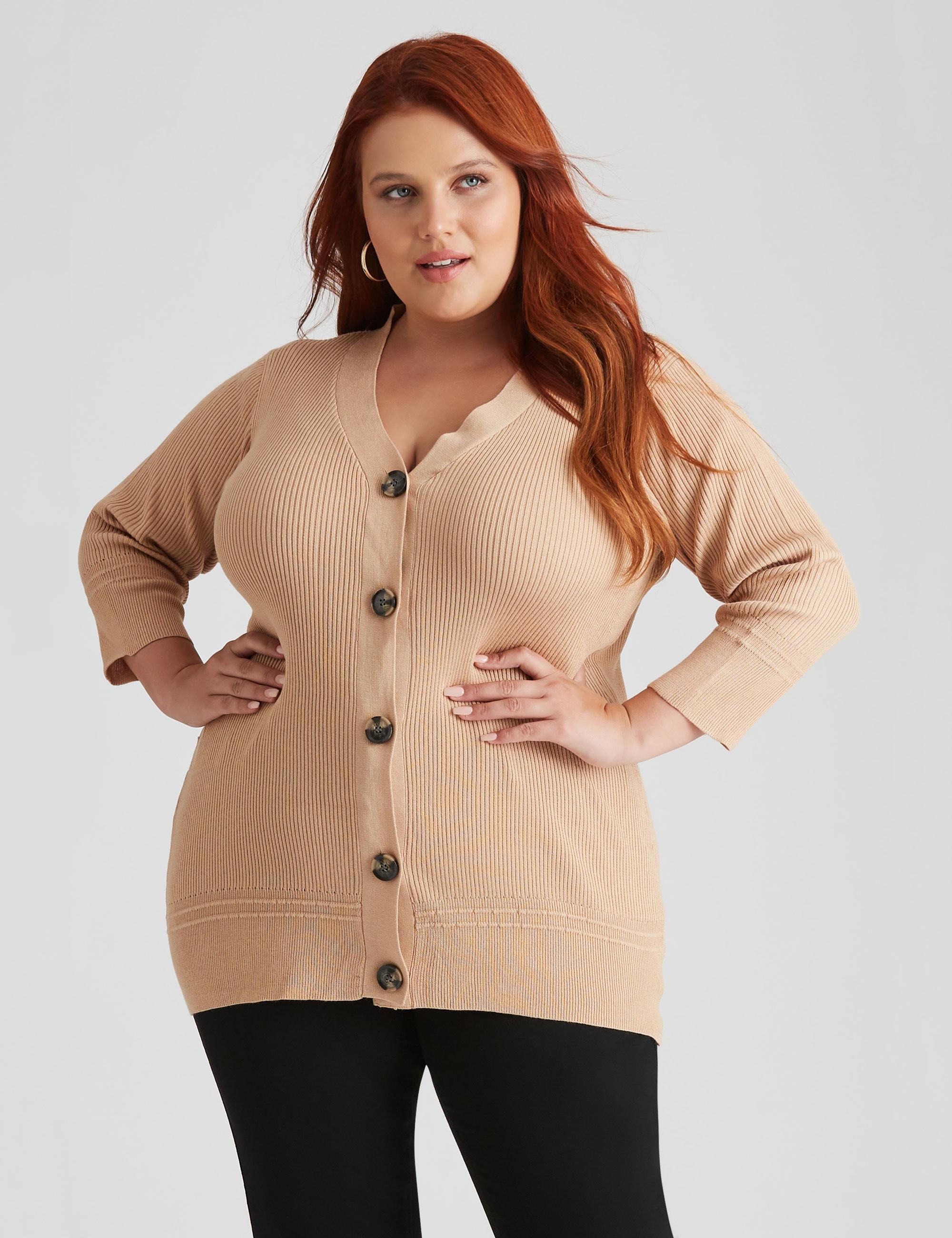 BeMe - Plus Size Womens Jumper Long Winter Cardigan Cardi - Brown Sweater Ribbed - Fitted - Caramel - 3/4 Sleeve - V Neck - Warm Casual Work Wear