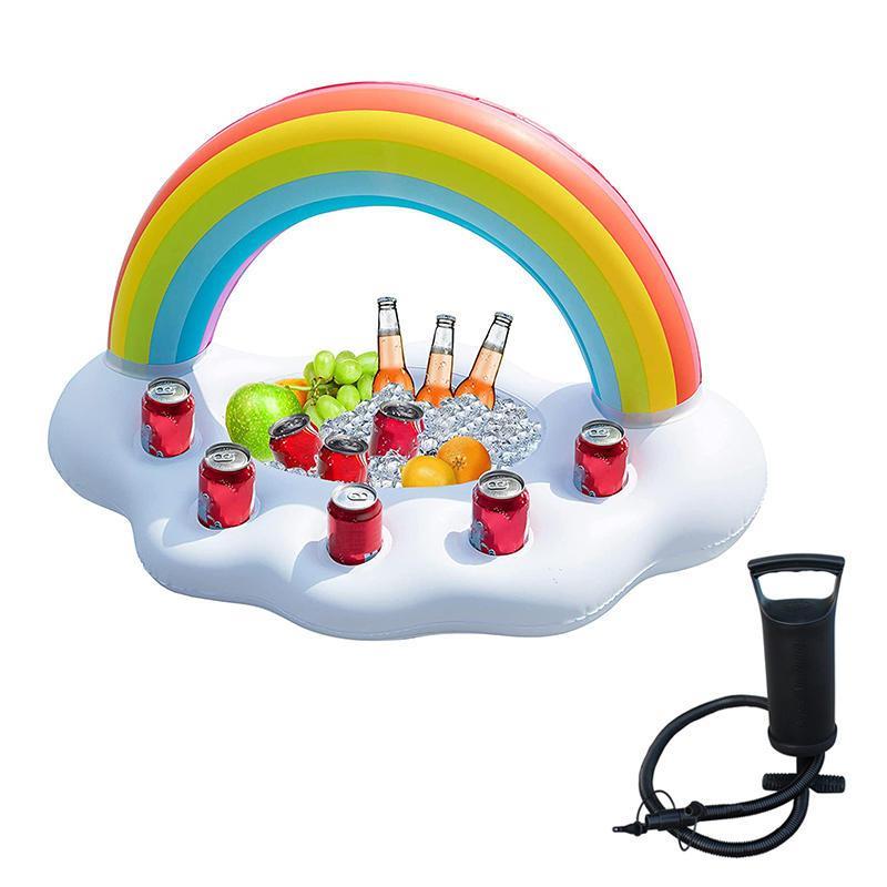 Inflatable Rainbow Cloud Drink Holder with Portable Hand Pump Floating Pool Party Accessories