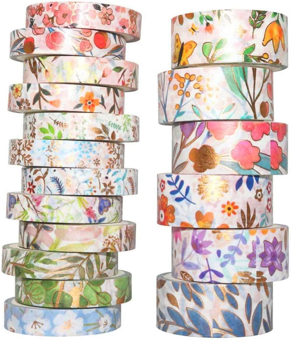 Flower Gold Washi Tape Set VSCO Foil Decorative Tape for DIY Crafts, Bullet Journals, Planners, Scrapbooking, Wrapping 8/15mm Wide(Blooming 18 Roll)