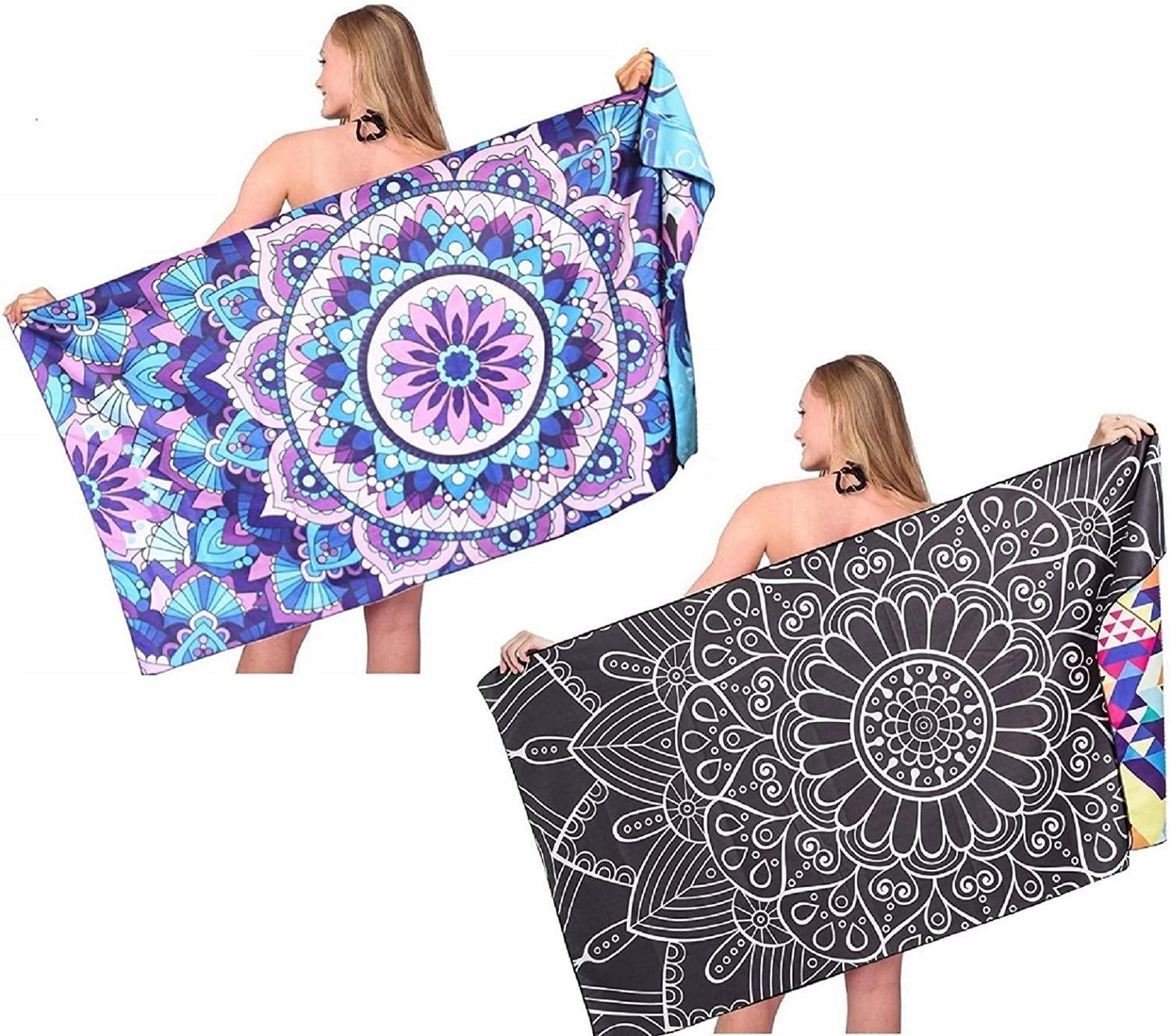 Sand Free Travel Beach Towel Blanket Quick Fast Dry Super Absorbent Lightweight Thin Microfiber Towels for Pool Swimming Bath Camping Yoga Gym Bohemian Black and Blue Mandala 2 Packs