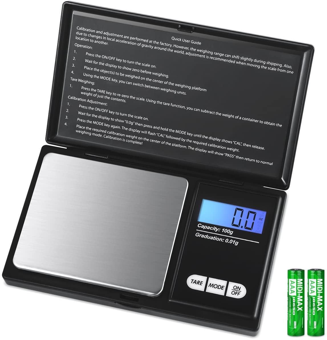 Digital Mini Scale, 100g 0.01g/ 0.001oz Pocket Jewelry Scale, Electronic Smart Scale with 7 Units, LCD Backlit Display, Tare Function, Auto Off, Stainless Steel & Slim Design(Battery Included)