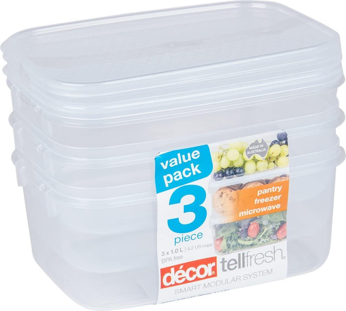 Décor 002457 006 Oblong Tell Fresh Food Storage Container, 1L, Pack of 3