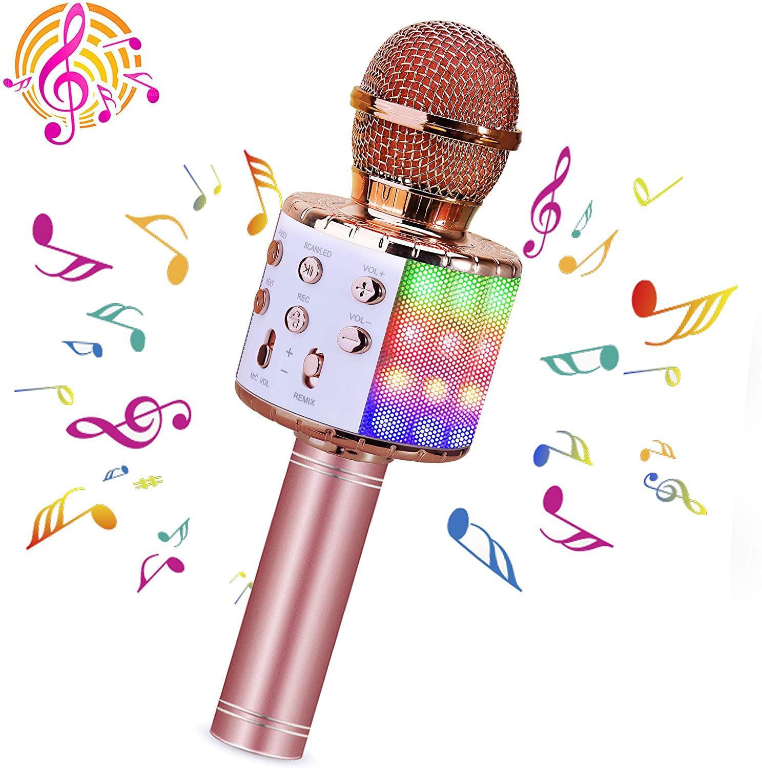 4 in 1 Bluetooth Handheld Wireless Karaoke Microphone Portable Speaker Machine Home KTV Player with Record Function for Android & iOS Devices(Pink)