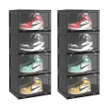 SOGA 2X 4 Tier Black Portable Shoe Organiser Sneaker Footwear Folding Plastic Bin Stackable Storage Box with Magnetic Door