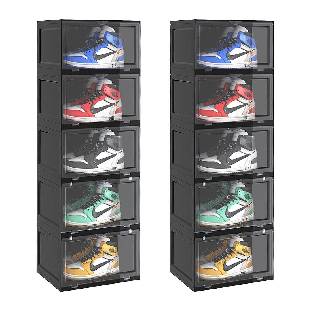 SOGA 2X 5 Tier Black Portable Shoe Organiser Sneaker Footwear Folding Plastic Bin Stackable Storage Box with Magnetic Door