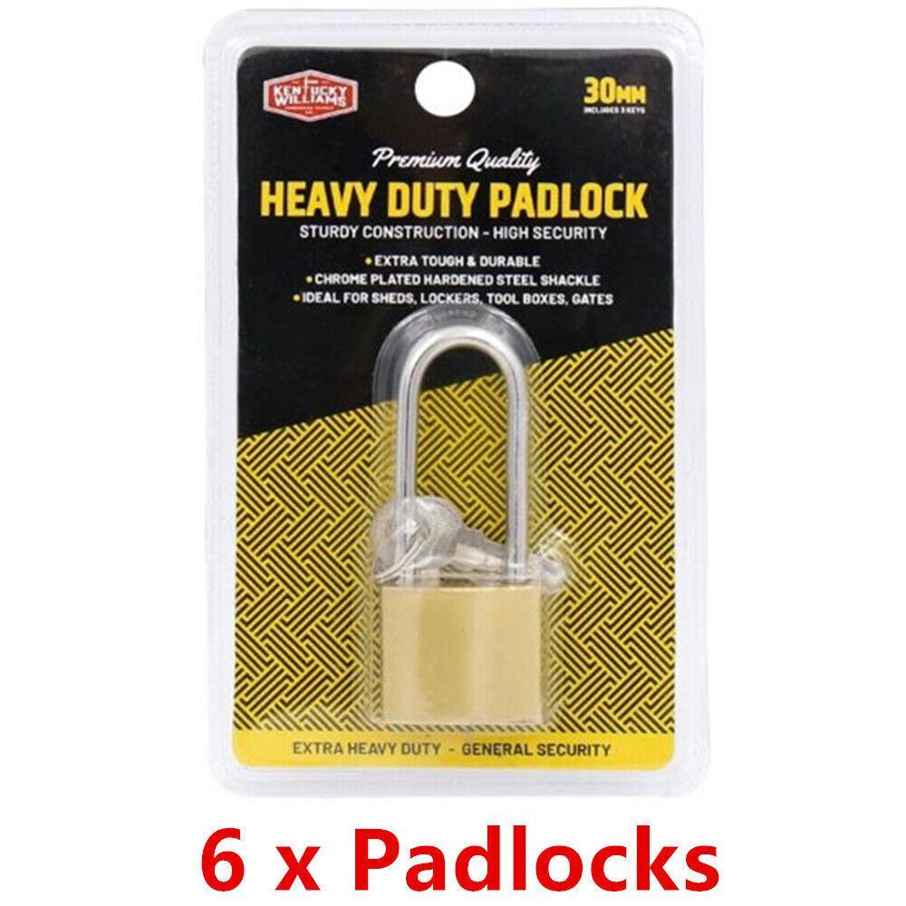 6x Brass Padlock 30mm Long Shackle Lock Cut Resistance Heavy Duty with 3 Keys
