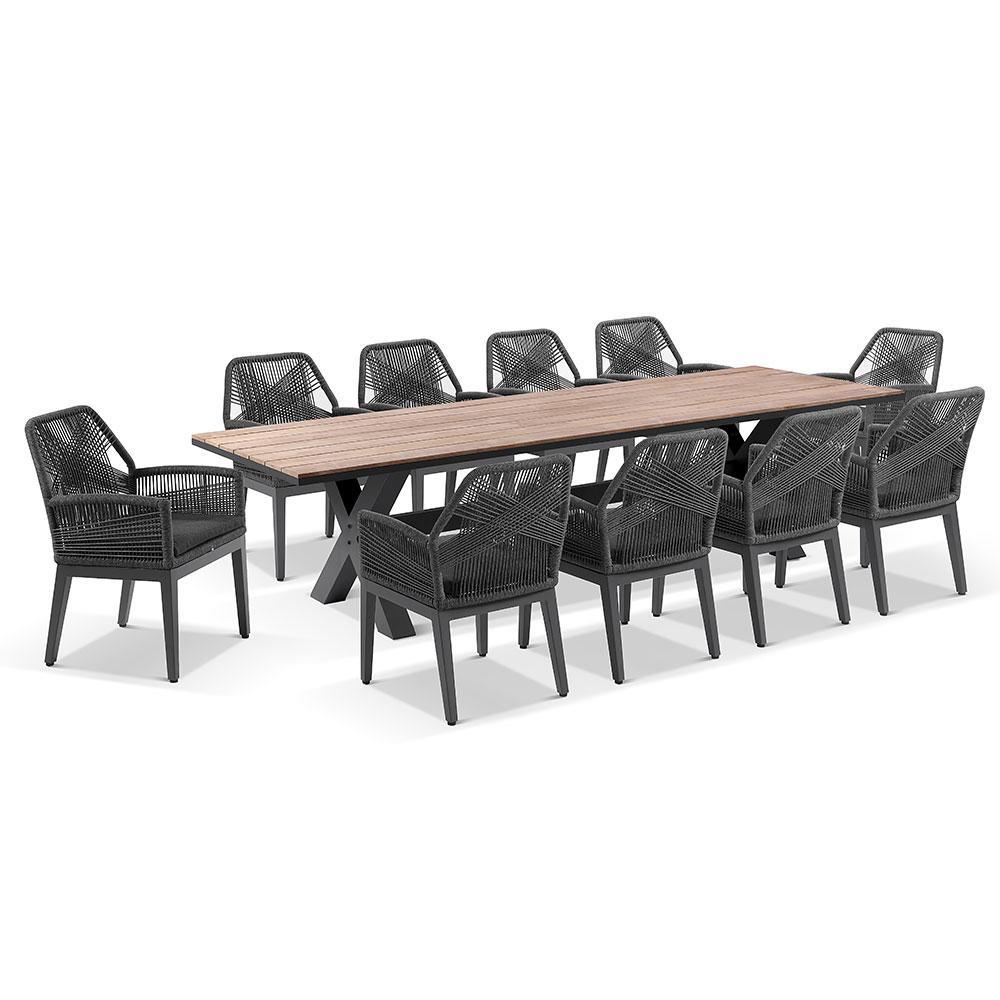 Kansas 3M Outdoor Teak Timber And Aluminium Dining Table With 10 Hugo Rope Chairs - Outdoor Aluminium Dining Settings