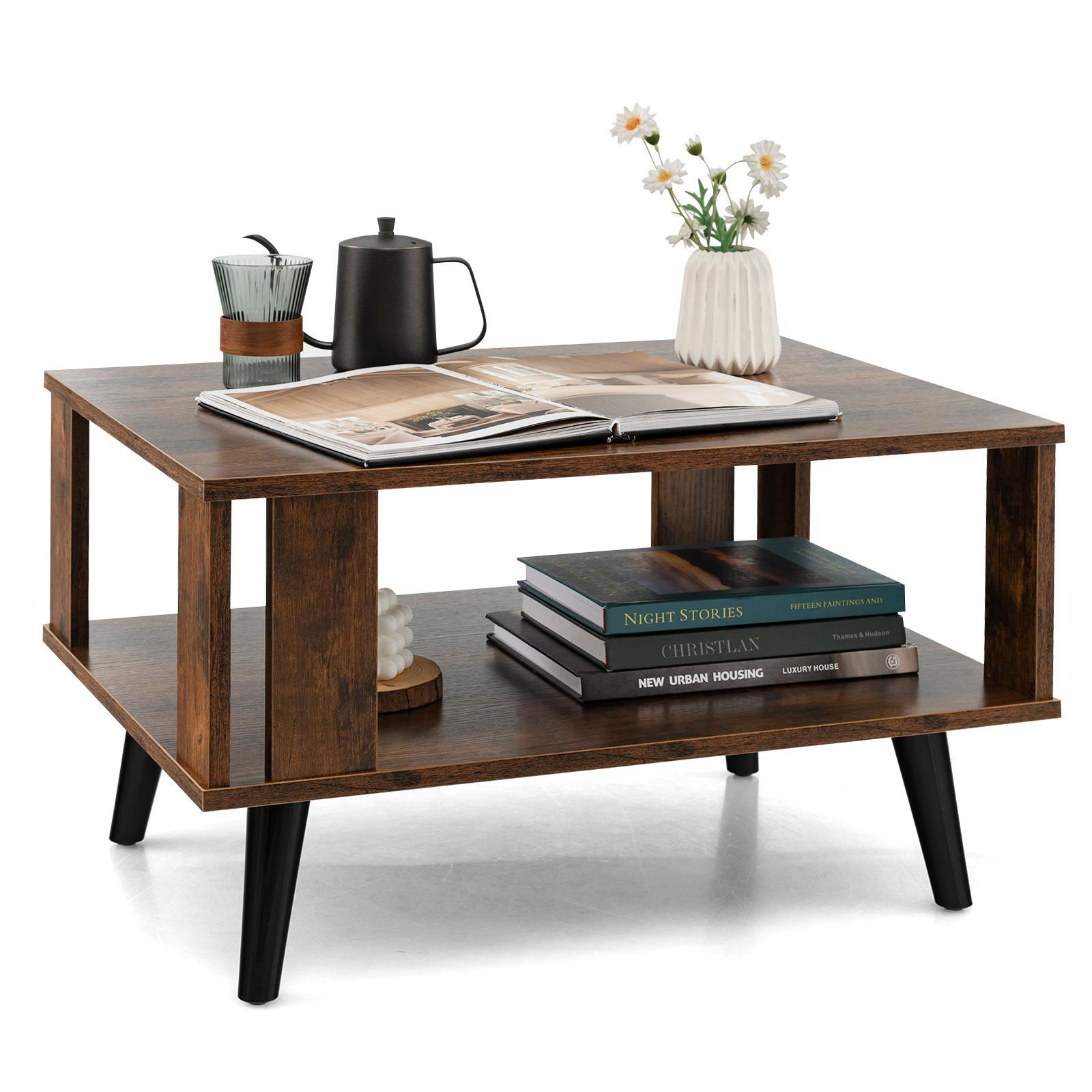 Giantex 2-Tier Coffee Table Wood Center Table Open Storage Shelf Industrial Side Table Rustic Brown
