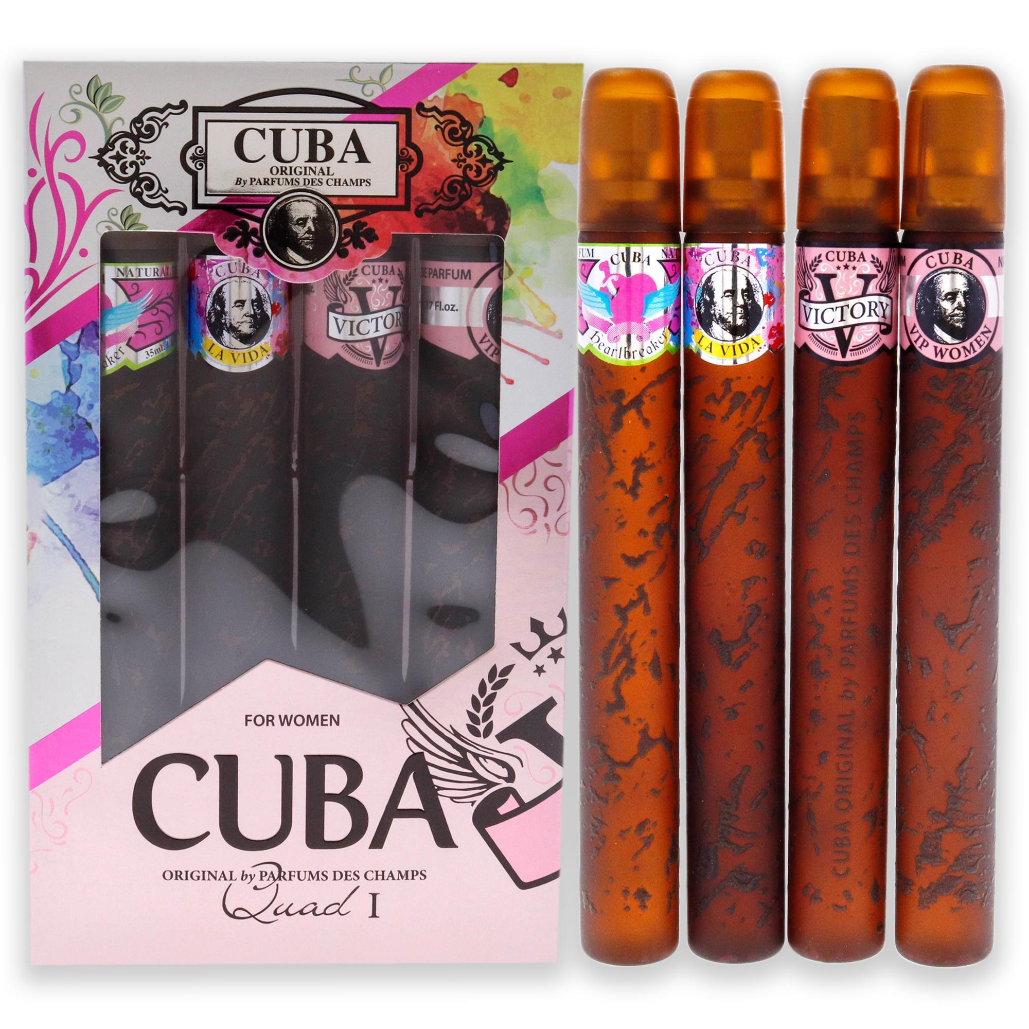 Cuba Quad I by Cuba for Women - 4 Pc Gift Set 1.17oz Cuba Heartbreak EDP Spray, 1.17oz Cuba La Vida EDP Spray, 1.17oz Cuba Victory EDP Spray, 1.17oz Cuba VIP EDP Spray