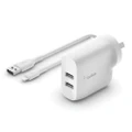 Belkin Dual USB-A 24W Wall Charger w/Lightning MFI-Certified Cable for iPhone/WH