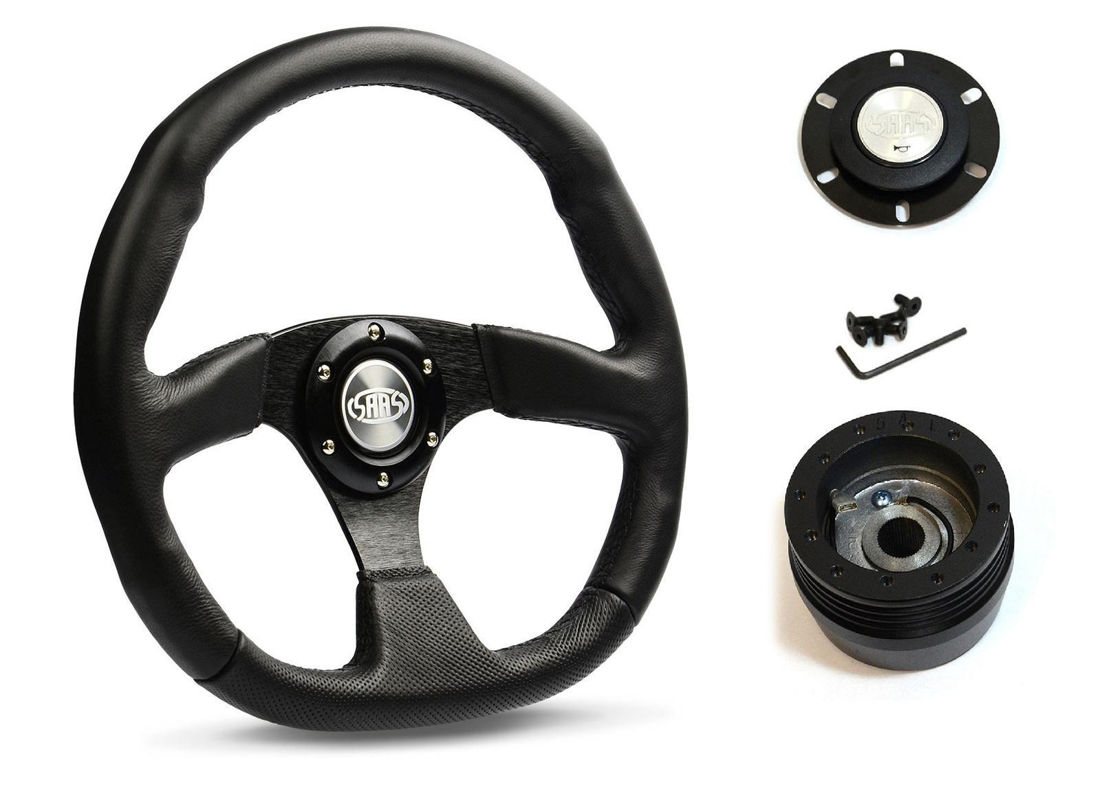 SAAS Steering Wheel Leather 14" ADR Black Flat Bottom D1-SWB-F and SAAS boss kit for Nissan Micra 1995-1998