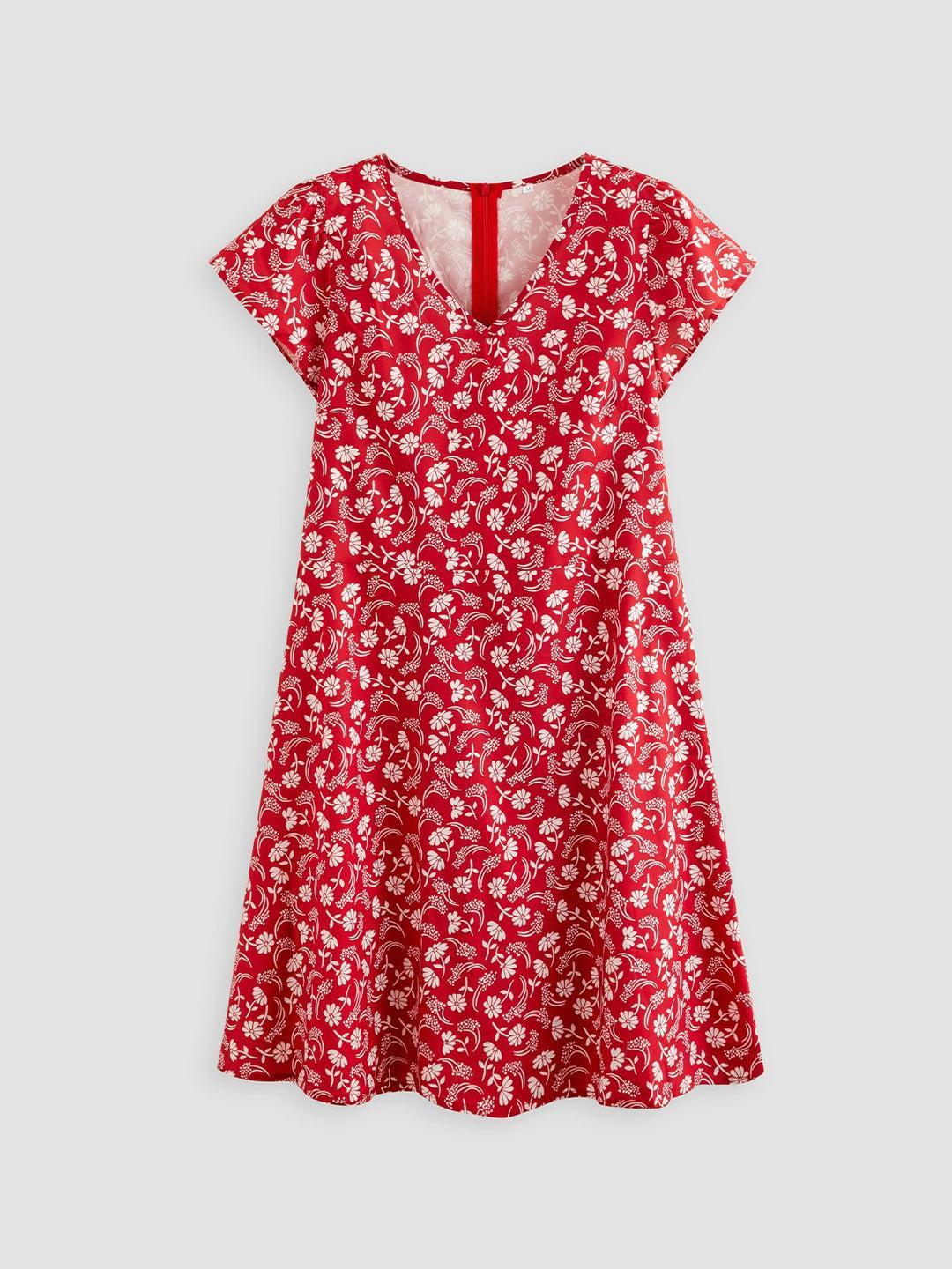 Elegant Lady Dress with Floral Pattern, Red 3XL