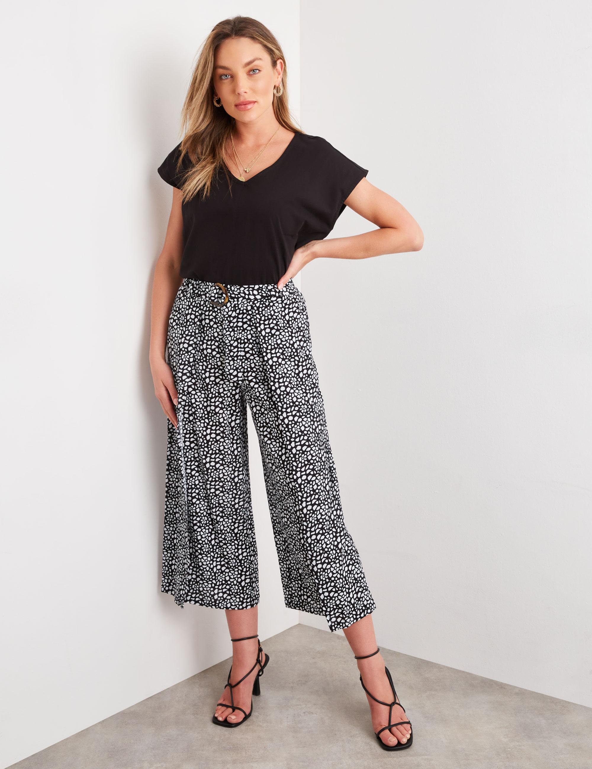 ROCKMANS - Womens Pants - Black Summer Cropped - Wide Leg - Fashion Trousers - Abstract Mono - Faux Wrap - Smart Casual - Work Clothes - Office Wear