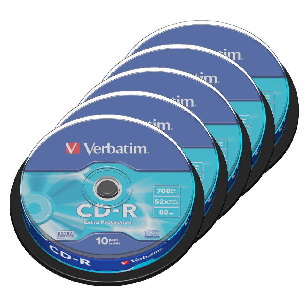 50pc Verbatim CD-R 700MB 52x Speed Blank Discs Data Storage w/ Spindle Case