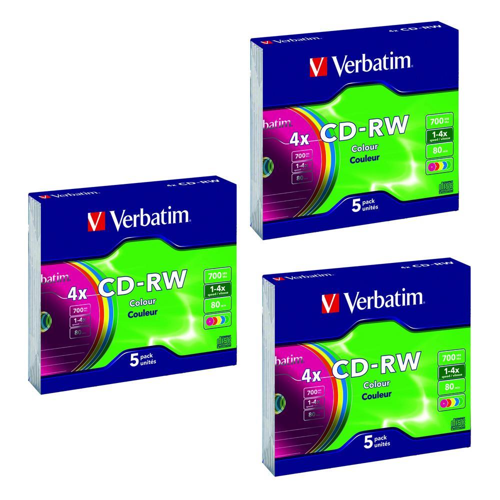 15pc Verbatim CD-RW 700MB 2x-4x Speed Rewritable Blank Disc w/Colour Slim Case