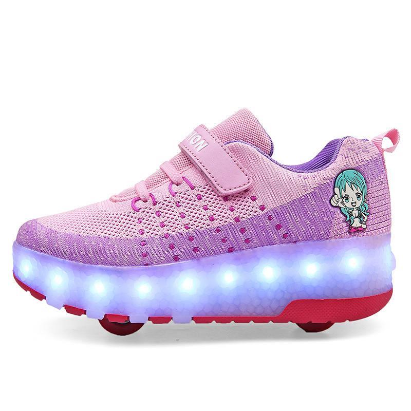 StrapsCo Kids Roller Skate Shoes with Double Wheel LED Light Up Sneaker (Pink, 33)