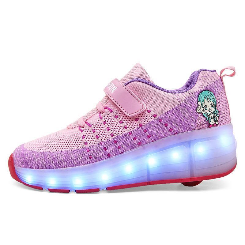 StrapsCo Kids Roller Skate Shoes with Single Wheel LED Light Up Sneaker (Pink, 37)