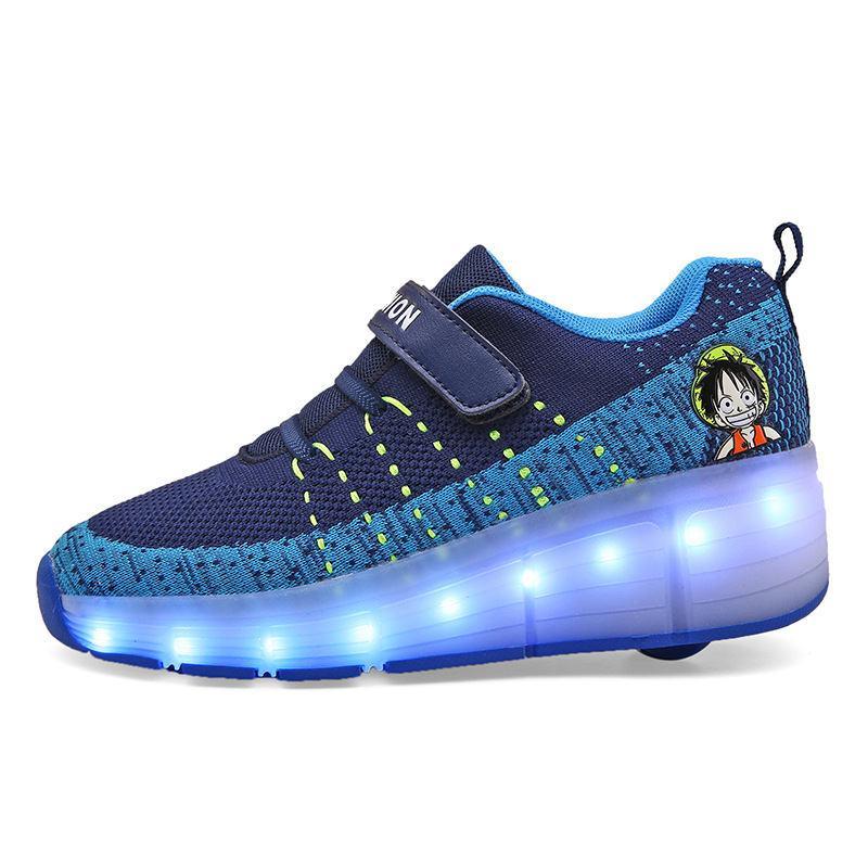 StrapsCo Kids Roller Skate Shoes with Single Wheel LED Light Up Sneaker (Blue, 38)
