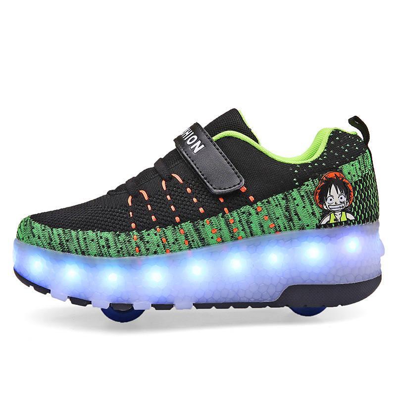 StrapsCo Kids Roller Skate Shoes with Double Wheel LED Light Up Sneaker (Black, 28)