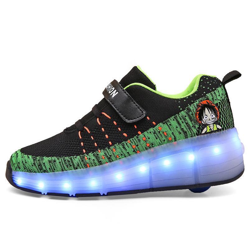 StrapsCo Kids Roller Skate Shoes with Single Wheel LED Light Up Sneaker (Black, 28)
