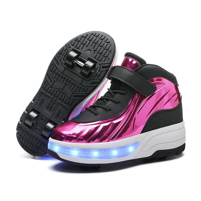 StrapsCo Fashion Kids Sneakers LED Roller Skate Shoes with Four Wheels (Pink, 34)