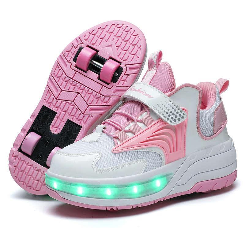 StrapsCo Ultralight Sneaker Roller Skate Shoes with Quad Roller for Children (Pink, 35)