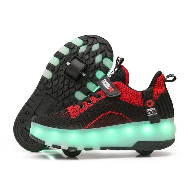 StrapsCo Children Double Wheels Roller Skate Shoes LED Lamp Sneakers (Black, 32)