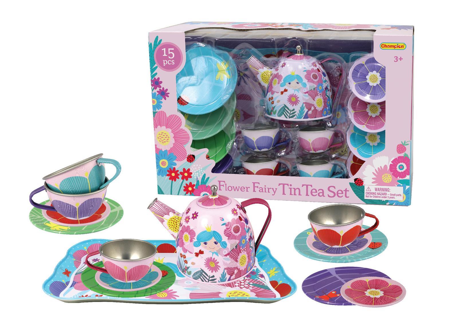Kaper Kidz Children's Pretend Play Creative Flower Fairy Tin Tea Set 15Pcs 3+