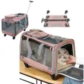 Outdoor Foldable pets carrier with Detachable Wheels & adjustable drawbar for dogs cats - Pink - L