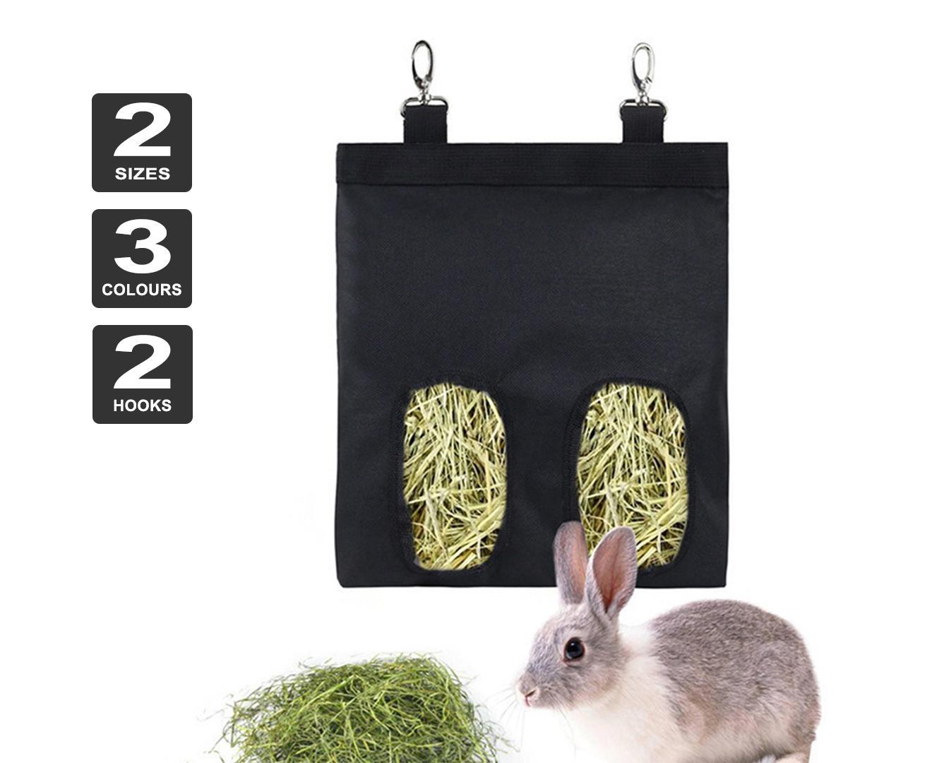 Qttie Rabbit Hay Bag Guinea Pig Pet Hanging Pouch Feeder Holder Eating Feeding-2 Grids(Black)