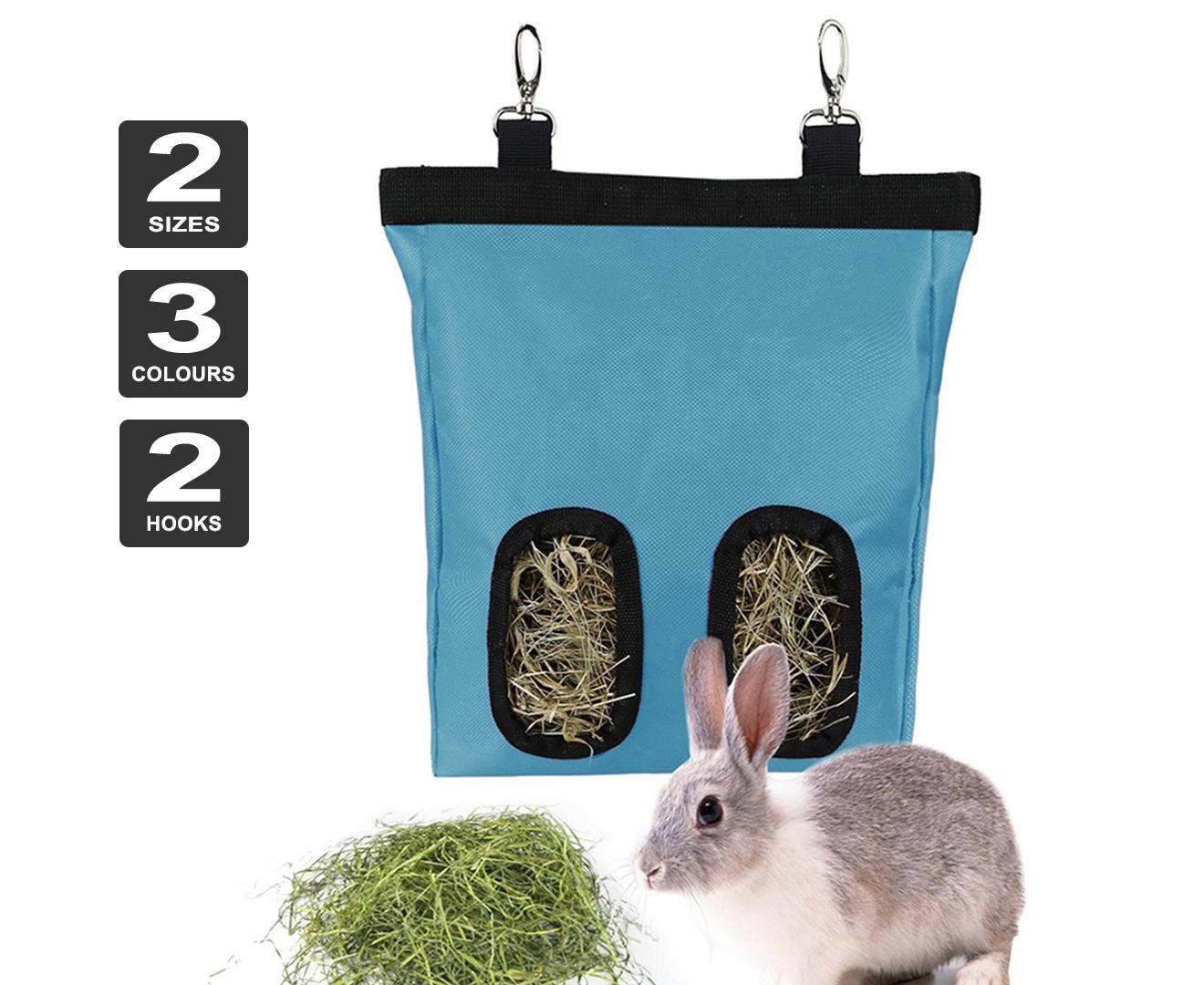 Qttie Rabbit Hay Bag Guinea Pig Pet Hanging Pouch Feeder Holder Eating Feeding-2 Grids(Blue)