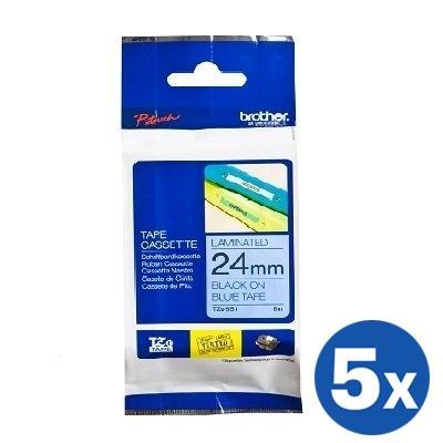 5 x Brother TZe-551 TZe551 Original 24mm Black Text on Blue Laminated Tape - 8 meters