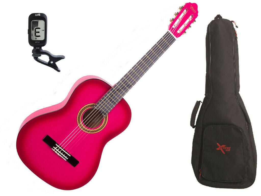 Valencia 1/4 Size Classical Guitar Pack Pink C/W Padded Bag and Clip On Tuner