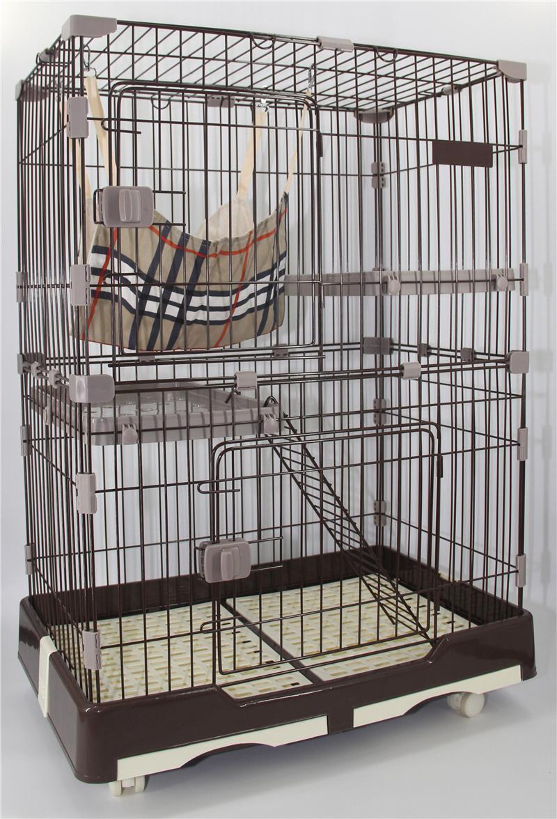 YES4PETS 134 cm Brown Pet 3 Level Cat Cage House With Litter Tray & Wheel