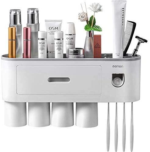 Automatic Toothpaste Dispenser Squeezer Kit with Toothbrush Holder Wall Mounted, 6 Toothbrush Slot with Cover, 2 Magnetic Cups and Cosmetic Organizer Drawer(2 Cups)