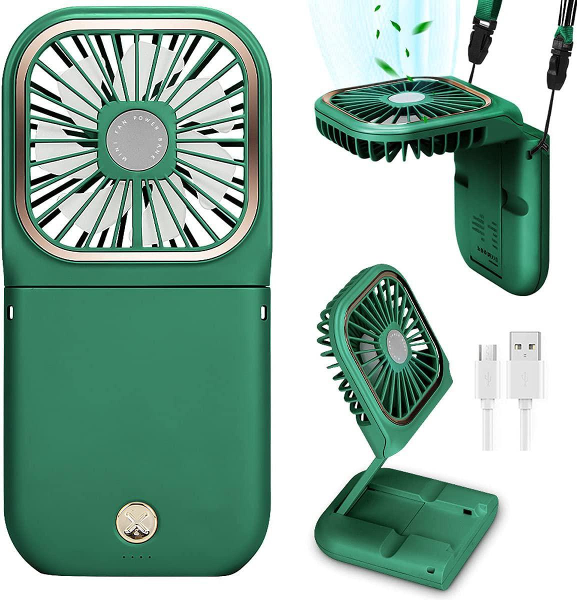 Small Fan Portable Neck Fan for Men Women Mini Desk Fan USB Fan Rechargeable Battery-Operated Handheld Fan -Green