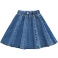StrapsCo Girls Skater Skirt Denim Solid Color Skirt with Lace Hem (Blue, 120CM)