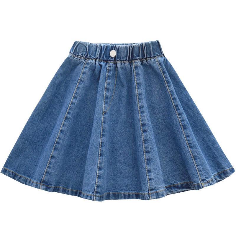 StrapsCo Girls Skater Skirt Denim Solid Color Skirt with Lace Hem (Blue, 140CM)