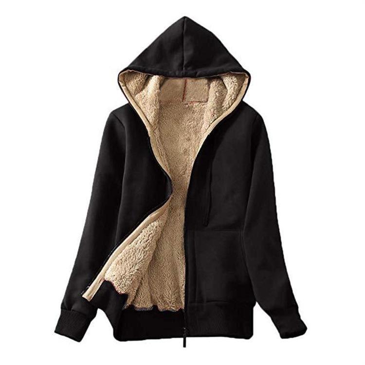 Strapsco Womens Hooded Zipper Cardigan Warm Sherpa Jacket (Black, S)