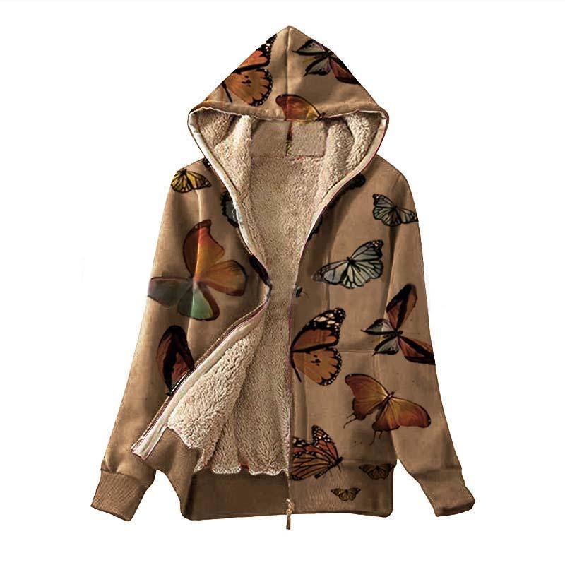 Strapsco Womens Hooded Zipper Cardigan Warm Sherpa Jacket (Khaki Printing, 4XL)