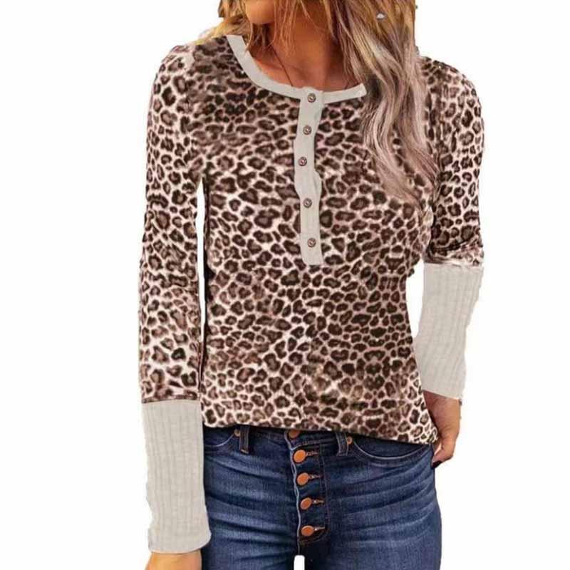 Strapsco Women Round Neck Top Striped Leopard Lace Splicing Blouse (5, XL)