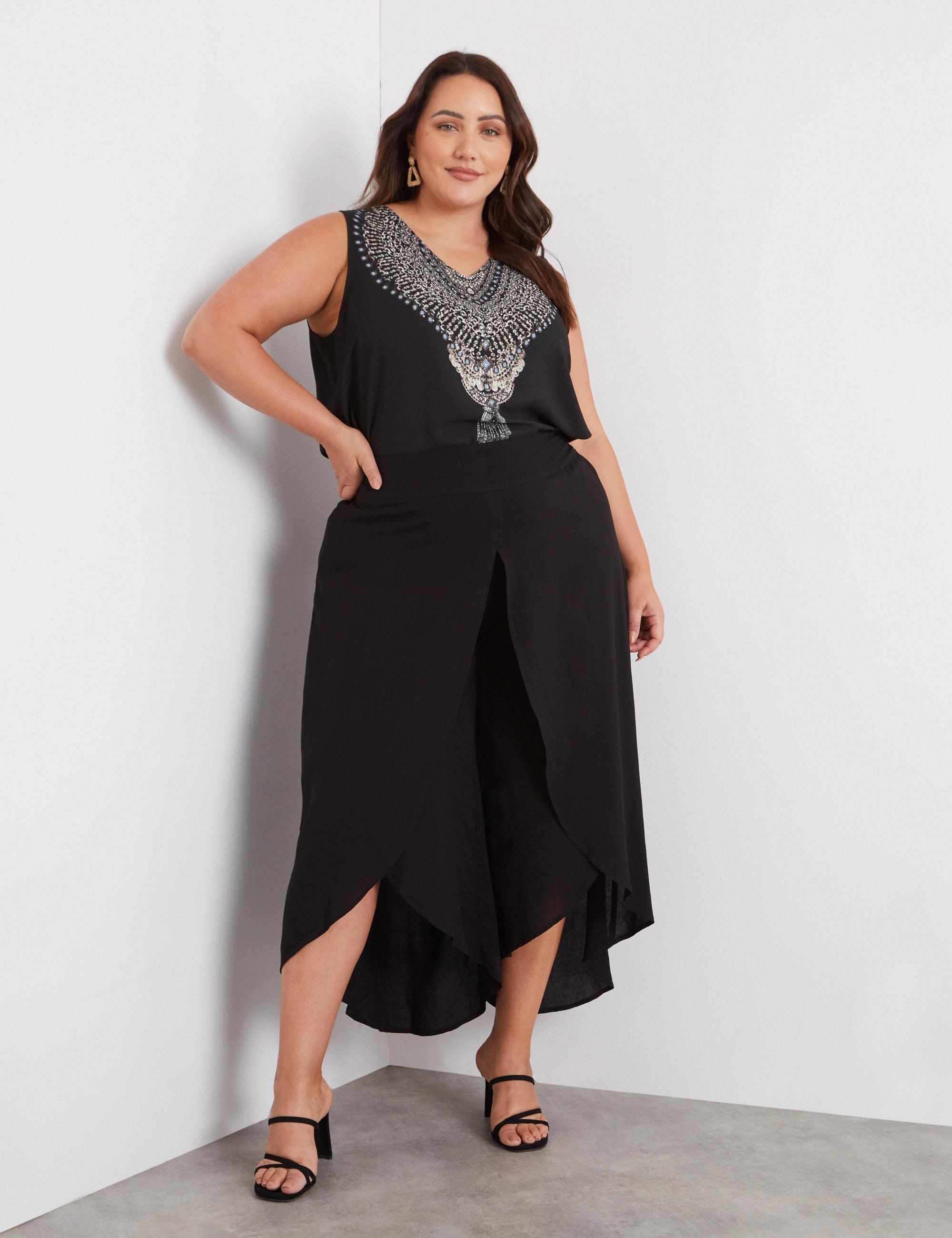 BeMe - Plus Size - Womens Pants - Black Summer Cropped Wide Leg Fashion Trousers - High Waist - Woven - Smart Casual - Work Clothes - Office Wear